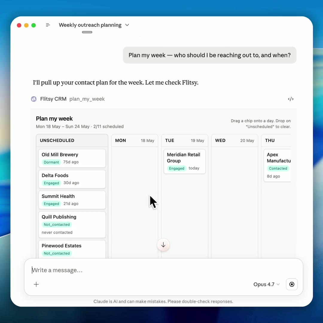 Flitsy running inside a Claude chat, showing a 'Plan my week' board of accounts to reach out to, dragged onto days