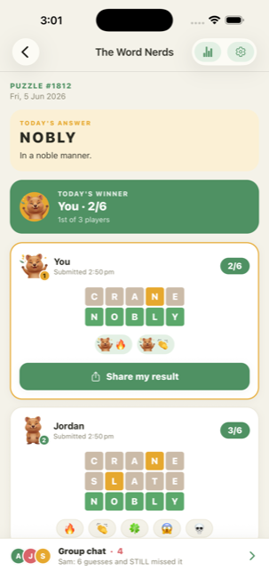 Gloaty leaderboard showing the day's winner, each player's grid, the answer, and emoji reactions