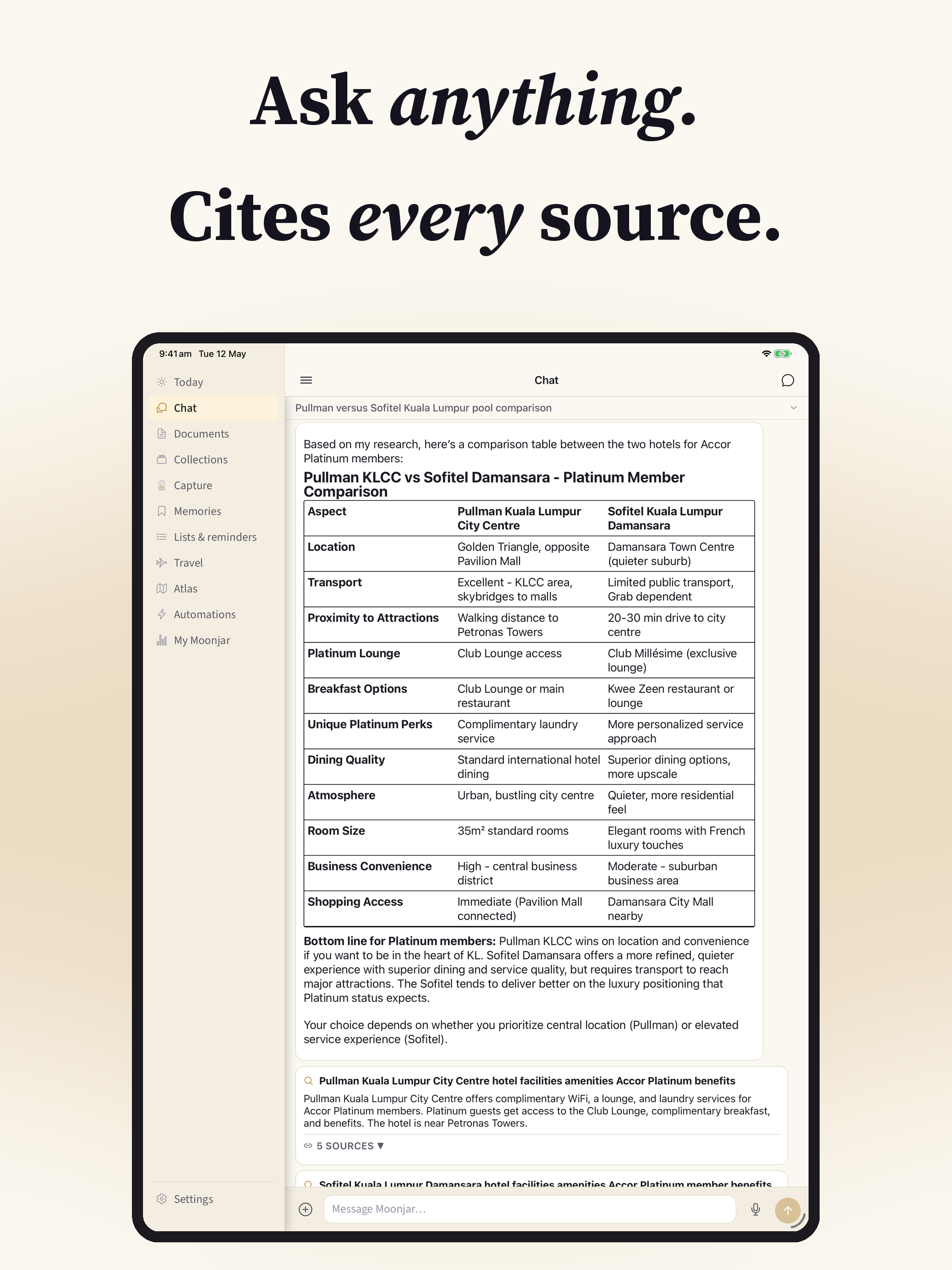 Moonjar on iPad answering a hotel comparison question with a structured table and source citations