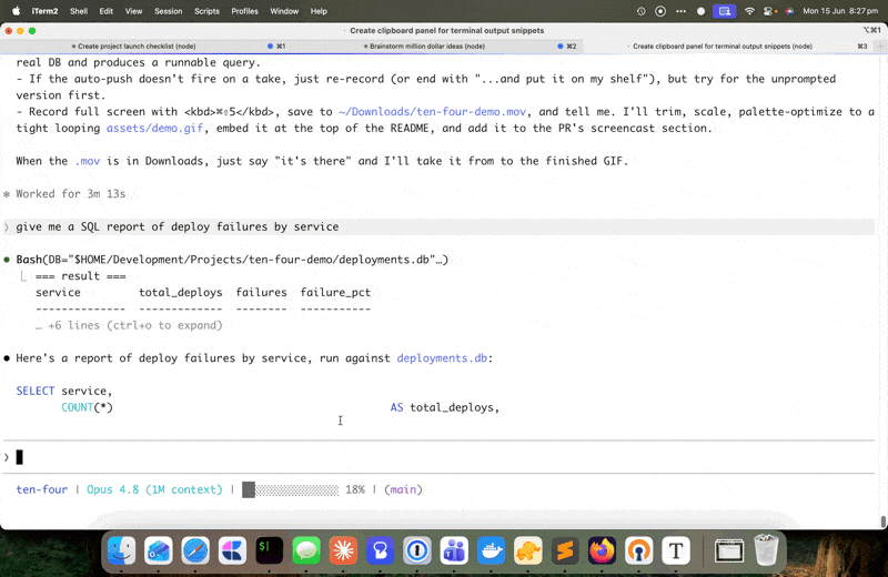 Ten Four in action: Claude Code pushes a SQL query to the shelf on its own, then it&rsquo;s copied from Raycast and pasted cleanly into a SQL console