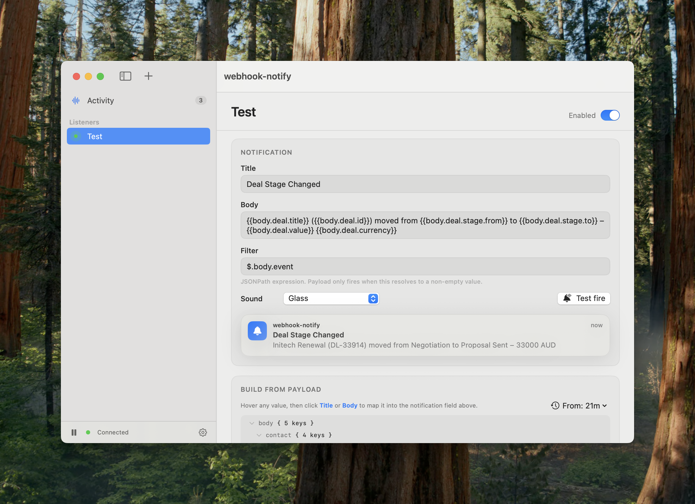 The webhook-notify Mac app showing a listener's notification rules and a live macOS notification preview